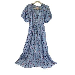 BANJANAN Poppy Floral Print Cotton Dress Blue Short Sleeves Tiered Buttons Large
